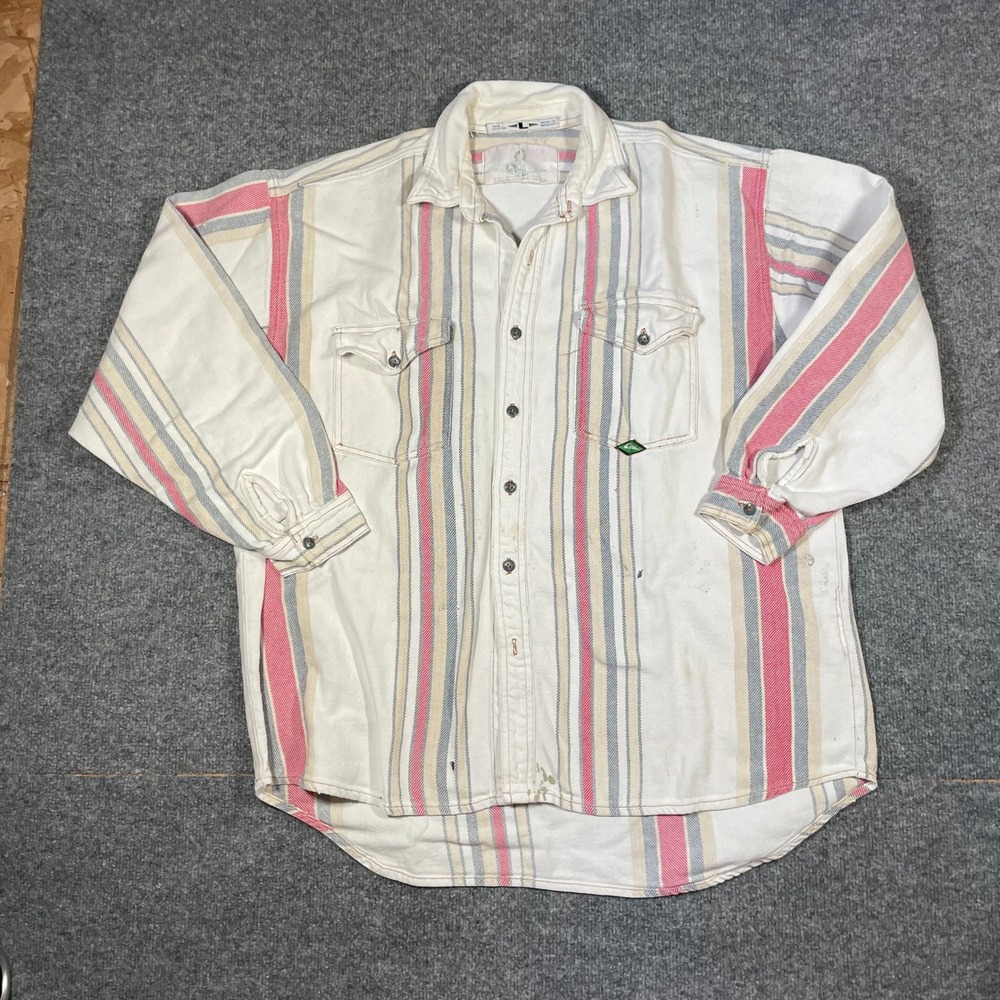Quiksilver 90's Button Down Shirt Mens L Striped Long Sleeve Shacket Distressed